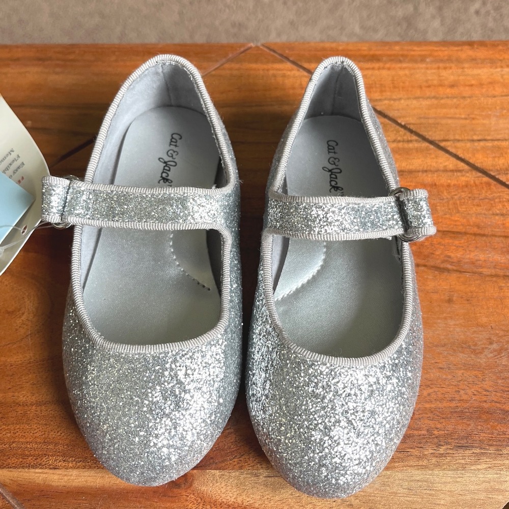 Cat & Jack Girls Silver Glitter Mary Jane Flats Ultimate Comfort Size 7 Toddler